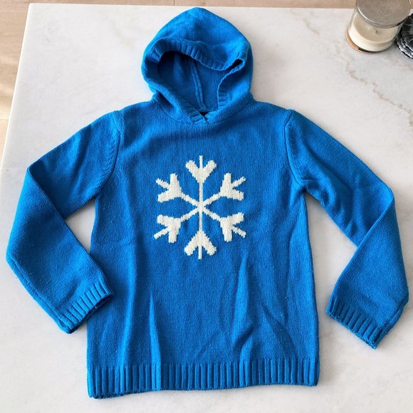 Gap blue knit sweater with white / cream snowflake design & hood, size L / 10 - Picture 1 of 3